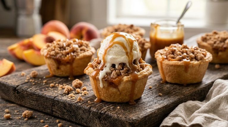 Crumble Mini Peach Pie: Individual Pies with Caramel Peaches and Brown Sugar Crumb