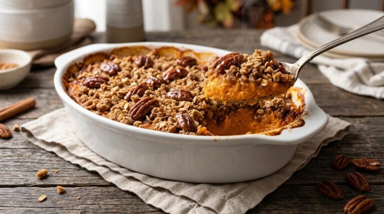 Sweet Potato Casserole with Pecan Streusel: Creamy, Not Too Sweet, and Always the First Dish Gone